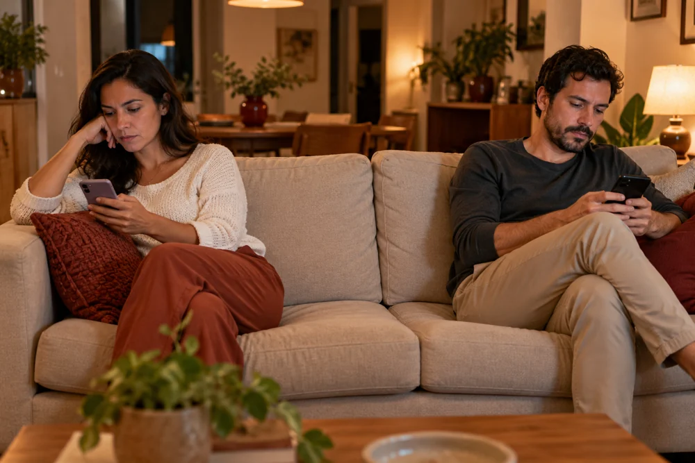 Casal lado a lado no sofá, cada um olhando seu celular